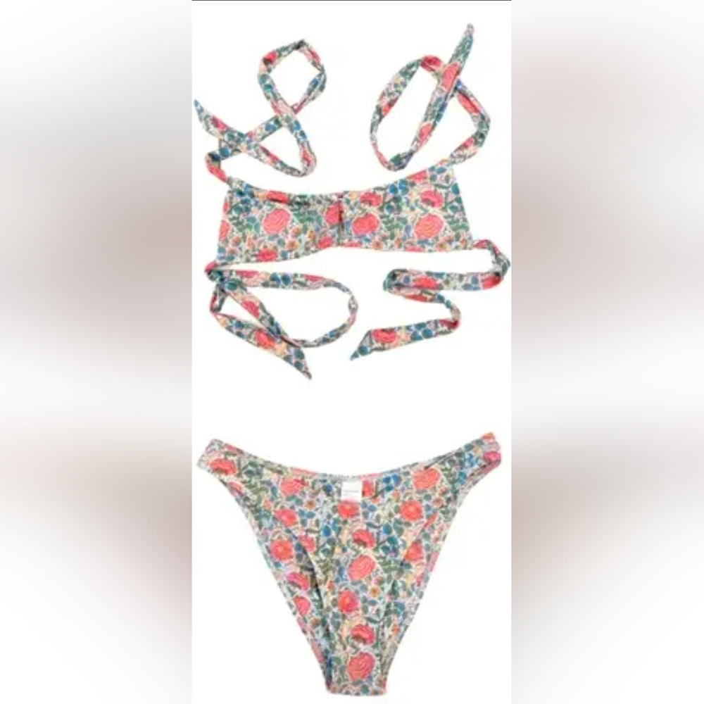Strawberry Milk Mob Floral Tie Bikini in Pink, Green, Blue